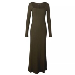 Abercrombie & Fitch Ribbed Square Neck Maxi Dress Olive Green Long Sleeve